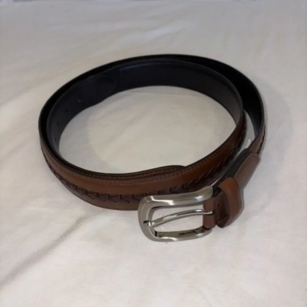 Coated Leather Dress Belt Men’s Sz 40-42”‎ Brown Silver Buckle Inlay Braid